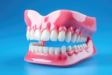 Obraz premium A detailed close-up of fake teeth placed on a vibrant blue surface. This image can be used to portray dental health, cosmetic dentistry, or the concept of false teeth