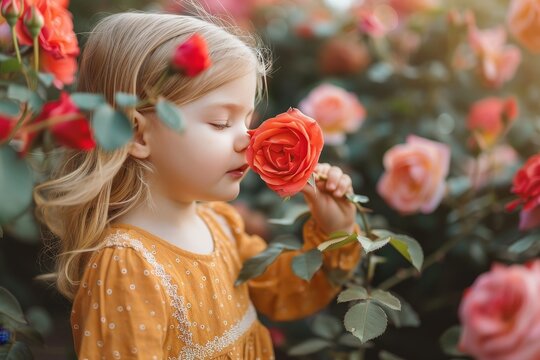 A young girl delights in the delicate scent of a garden rose, her face lit up with wonder as she holds the flower close to her doll-like features