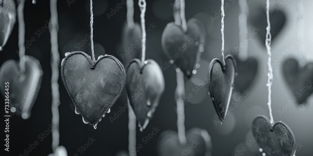 Poster A collection of heart-shaped ornaments hanging from a string. Suitable for various occasions and decorations