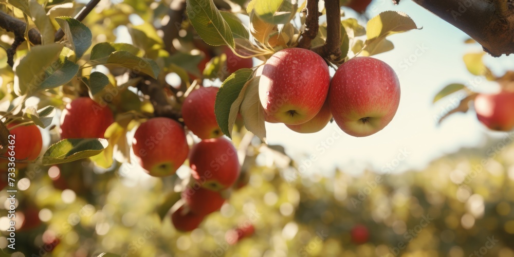 Poster a bunch of red apples hanging from a tree. perfect for food and agriculture-related projects