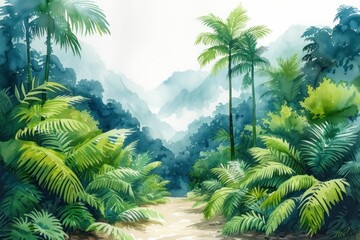 Fototapeta na wymiar Sketch of a tropical rainforest scene, highlighting diverse plant life from towering trees to understory ferns, showcasing biodiversity