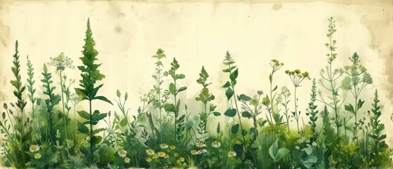 Sketch of a wild herb field, with detailed illustrations of medicinal plants and their uses, combining art with herbal knowledge