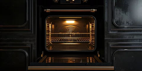 Fotobehang A black oven with the door open in a kitchen. Suitable for cooking and baking purposes © Fotograf