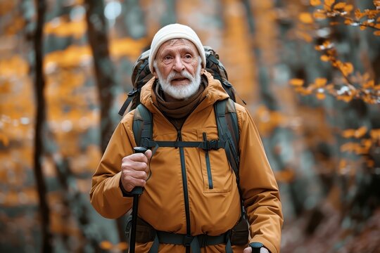 A happy hiker in a yellow jacket with walking sticks and a backpack stands among the autumn trees, his face beaming with joy as he takes in the beauty of the forest