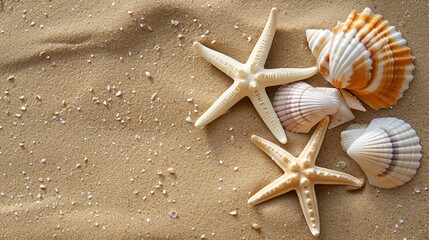Sand beach banner with seashell starfish sealife wallpaper background
