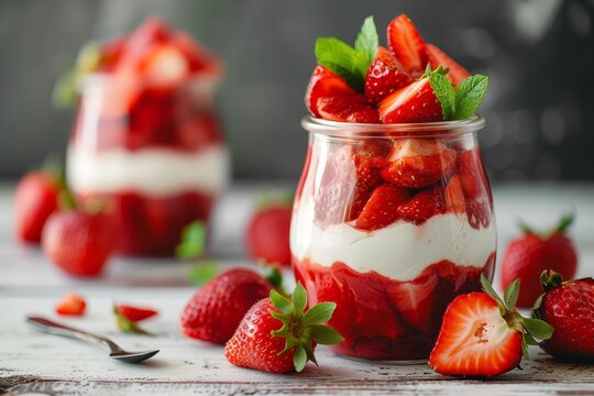 A jar of luscious alpine and virginia strawberries paired with creamy cream cheese, creating a mouth-watering dessert that is both indulgent and nutritious, sitting on a table surrounded by natural p