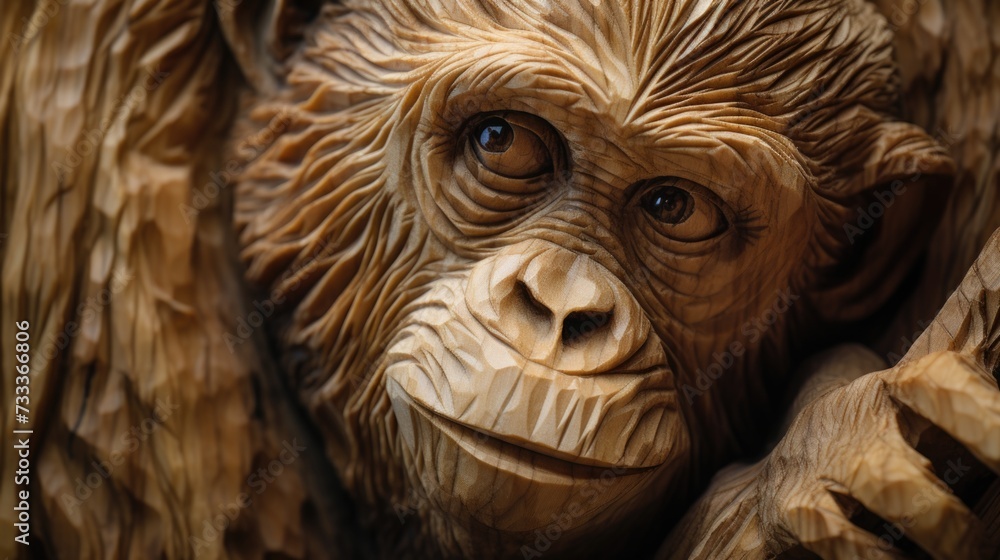 Poster A close up photograph of a statue of a monkey. This image can be used as a decorative element or to represent curiosity and playfulness