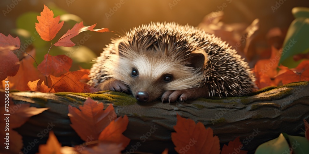 Aufkleber a hedge laying on top of a log, with a surrounding of colorful leaves. this image can be used to dep