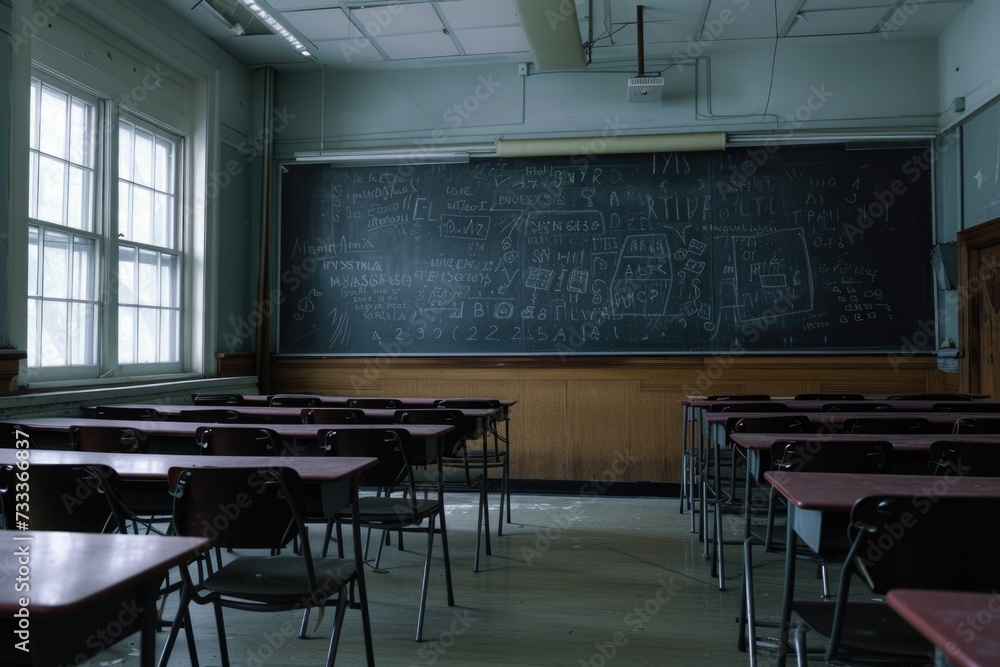 Poster A classroom with a blackboard and multiple desks. Suitable for educational and learning concepts
