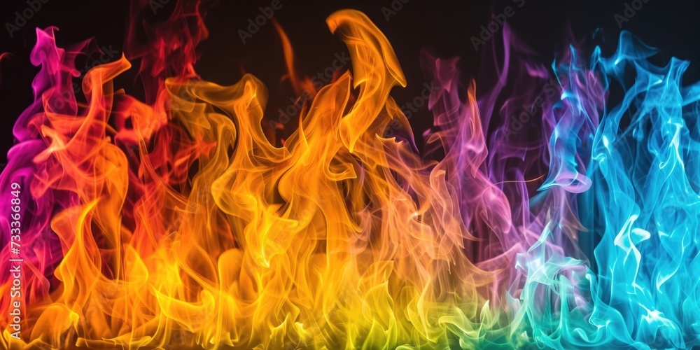 Poster Colorful smoke creates a vibrant rainbow against a dark black background. This versatile image can be used to add a pop of color and excitement to various projects