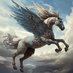 Majestic Pegasus in Flight Against a Dramatic Sky Background