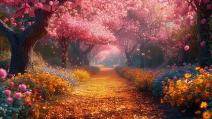 Obraz przedstawiający pokrytą płatkami ścieżkę w parku z licznymi kolorowymi kwiatami i wysokimi drzewami. - obrazy, fototapety, plakaty