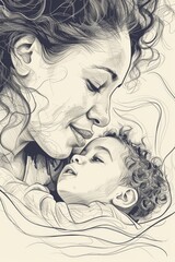 A drawing depicting a woman holding a child. This image can be used to represent motherhood, love, family, or care