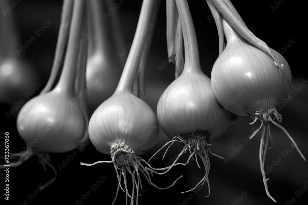 Poster a bunch of onions hanging from a string. perfect for food and cooking related projects