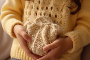 A little girl holds a knitted hat in her hands. This versatile image can be used for various themes, such as winter fashion, handmade crafts, or children's accessories