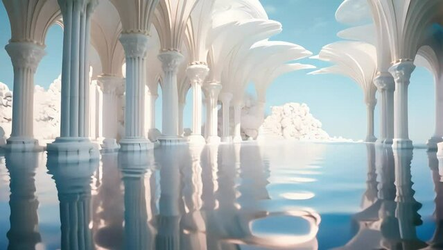the surface of an unknown planet covered with water and white arched structures. Generative AI