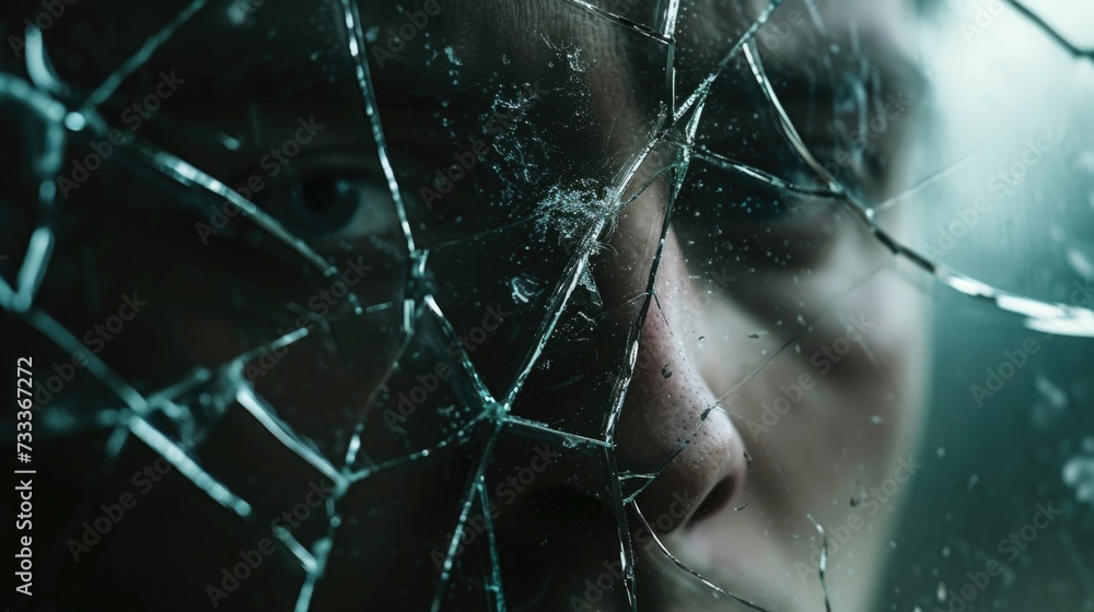 Poster close up of a person looking through a broken window. can be used to depict themes of curiosity, iso