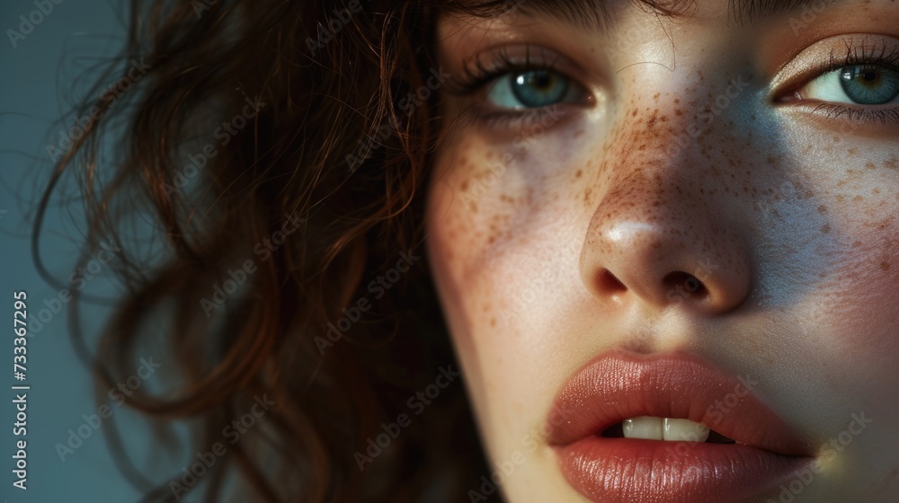 Poster a close-up shot of a woman with freckles on her face. this versatile image can be used for various p