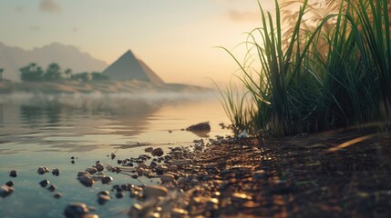 A serene picture of a small body of water surrounded by lush green grass and rocks. Perfect for...