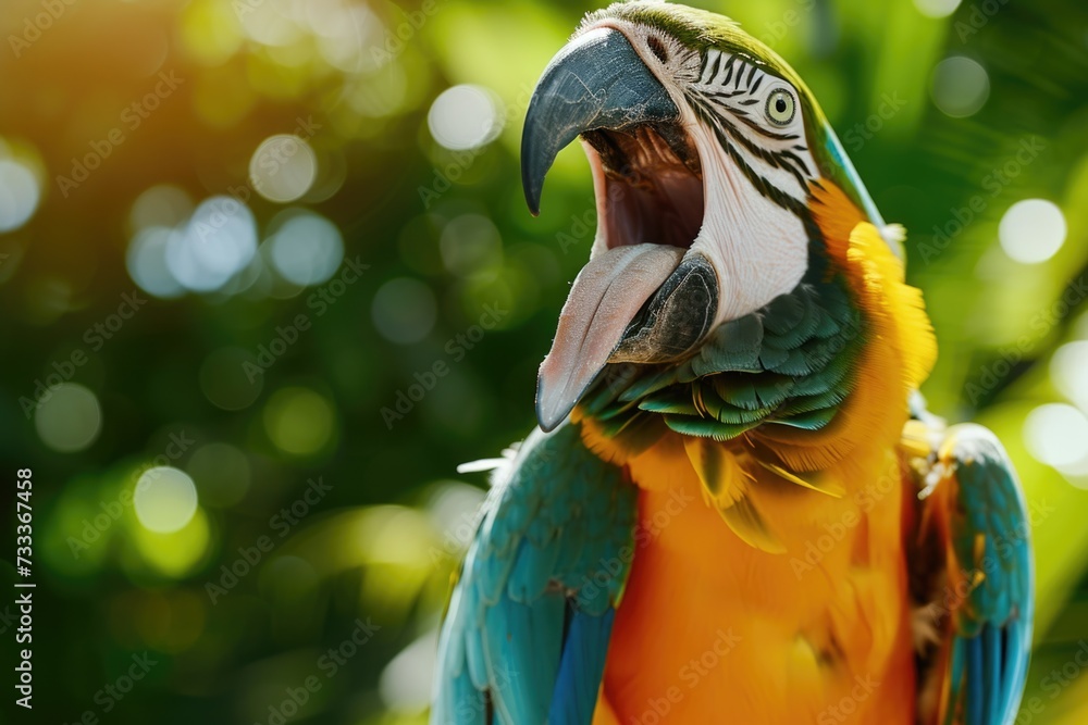 Poster a vibrant parrot with its mouth open, perched in front of a tree. suitable for nature and wildlife t