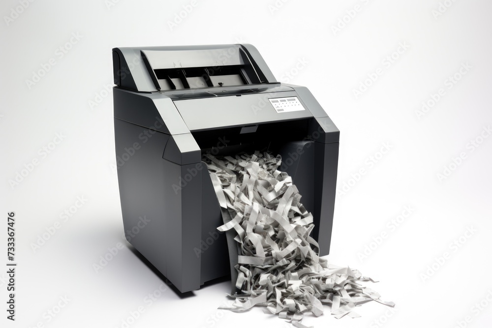 Poster A paper shredder with a pile of shredded paper. Ideal for illustrating document destruction or data protection.