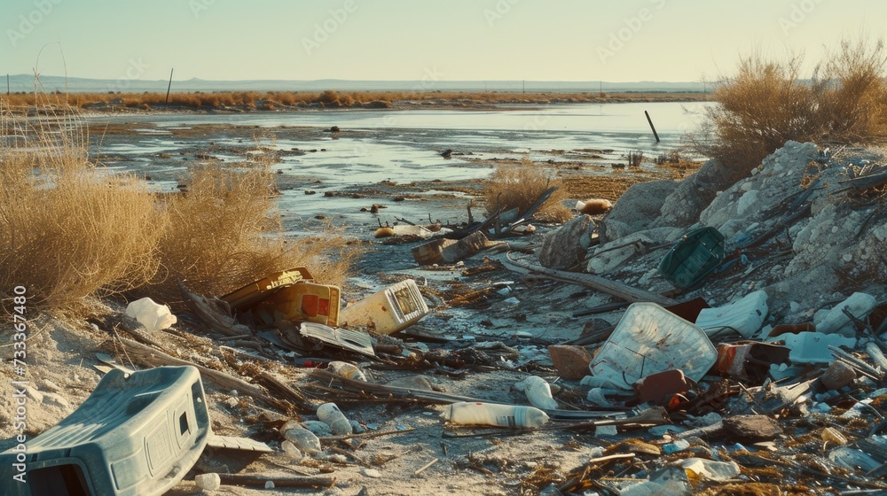 Poster Trash piled up on a beach next to a body of water. This image can be used to raise awareness about pollution and the importance of keeping our beaches clean