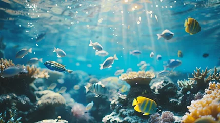 Fotobehang Sea coral reef with close up fish wallpaper background © Irina