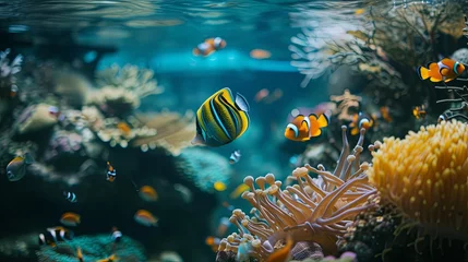 Fotobehang Sea coral reef with close up fish wallpaper background © Irina