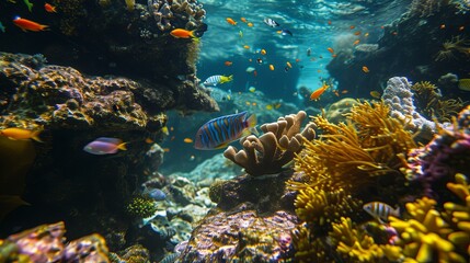 Fototapeta na wymiar Sea coral reef with close up fish wallpaper background