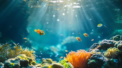  Sea coral reef with close up fish wallpaper background © Irina