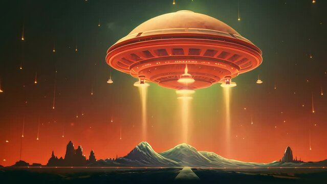 a flying saucer rising above the ground, 80s poster style. Generative AI