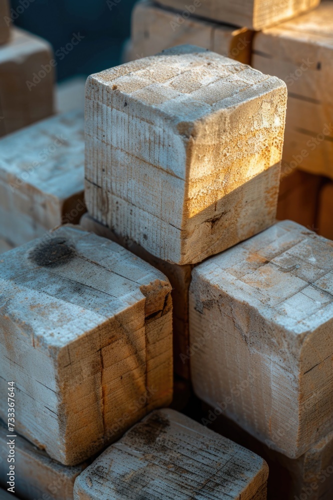 Poster a pile of wooden blocks stacked on top of each other. suitable for educational or construction-relat