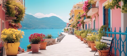 Colorful european cozy old street with colorful buildings and flowers - 733367608