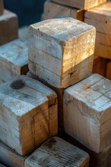 A pile of wooden blocks stacked on top of each other. Suitable for educational or construction-related projects