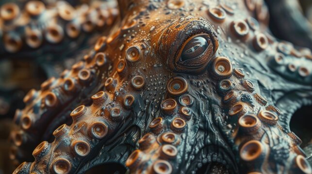 A detailed close-up view of an octopus's head. This image can be used to depict marine life, underwater creatures, or scientific research