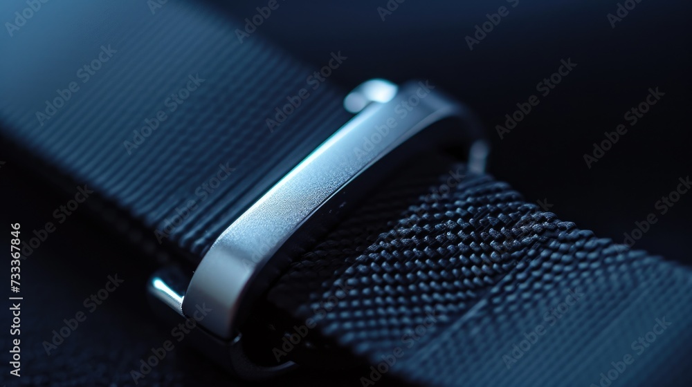 Poster A detailed close-up of a black strap on a watch. This versatile image can be used to showcase the design and craftsmanship of a watch, or to represent concepts such as time, punctuality, and style