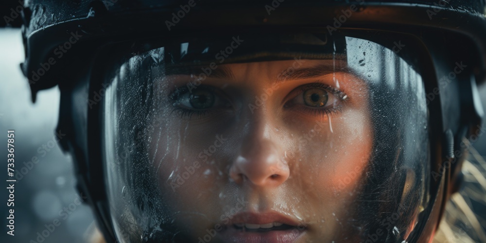 Poster a close-up view of a person wearing a helmet. this image can be used in various contexts