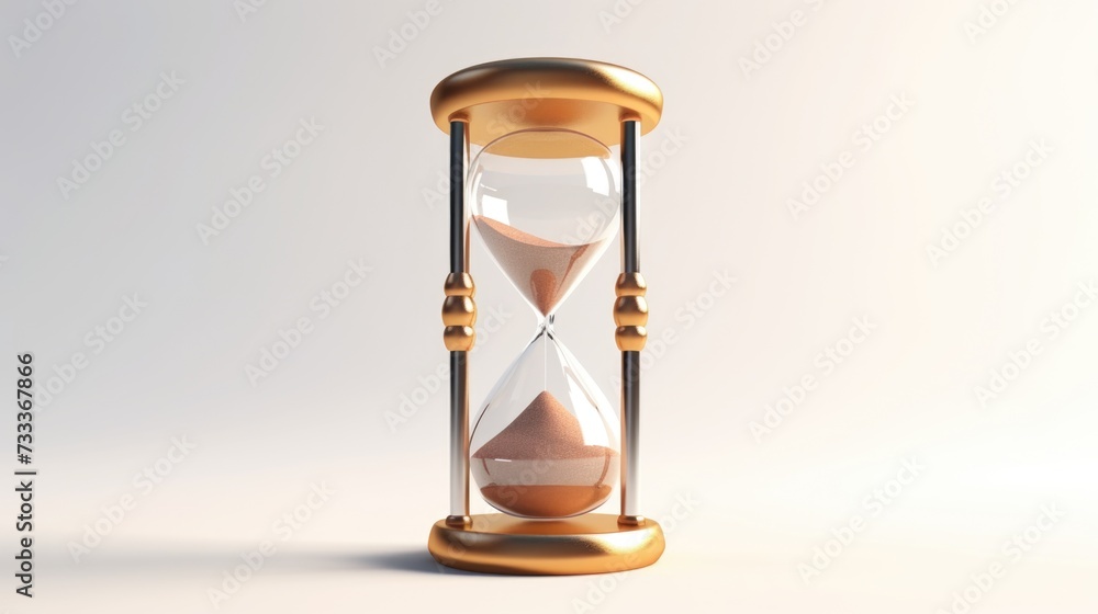 Poster a golden hourglass with sand running through it. suitable for concepts related to time, deadlines, e