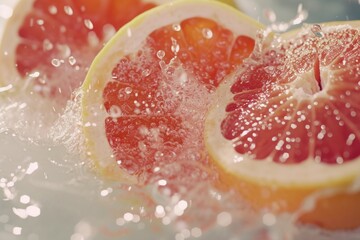 A close-up view of a grapefruit sliced in half. This vibrant and refreshing image can be used to showcase the freshness of citrus fruits or in recipes related to healthy eating and fruit-based dishes