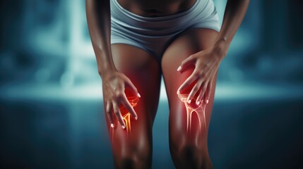 A woman is shown holding her knee in pain. This image can be used to depict various situations related to injury, healthcare, physical therapy, or pain management