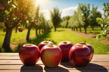 red apples, harvest on a wooden table against the background of an apple tree, summer, outside, sunny day.