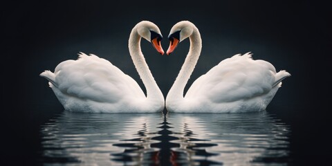 Two white swans create a heart shape with their elegant necks. Perfect for romantic themes or love-related concepts