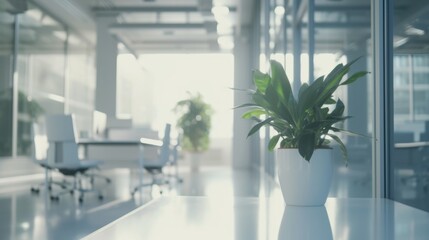 A simple and clean office table with a potted plant. Suitable for office decor or adding a touch of nature to workspaces