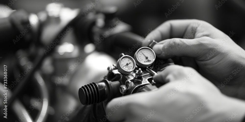 Poster a close-up shot of a person holding a gauge. this image can be used to depict measurements, precisio
