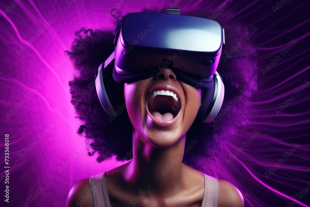 Poster woman wearing a virtual reality headset with her mouth open. perfect for technology and gaming relat