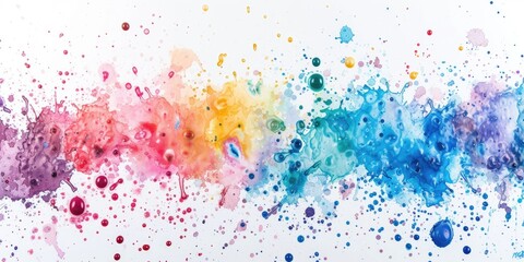 Colorful paint splatters create a vibrant rainbow effect on a white surface. This versatile image can be used for various projects and designs