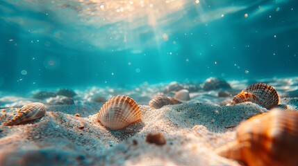 Sea bottom with sand starfish seashell underwater wallpaper background - obrazy, fototapety, plakaty