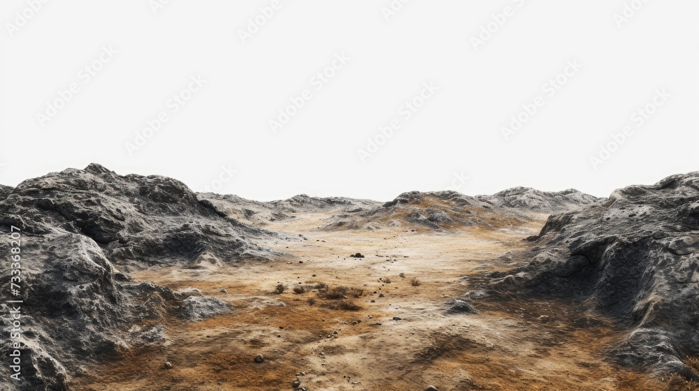 Poster a picture of a dirt road stretching through a desolate and barren area. this image can be used to de