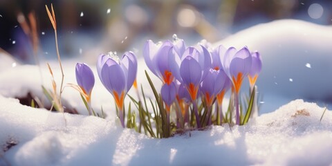 Purple crocus flowers emerging from the snow, a symbol of resilience and the arrival of spring....