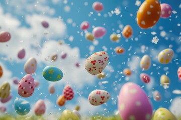 Fototapeta na wymiar Colorful Easter eggs flying through the air. Perfect for Easter-themed designs and promotions